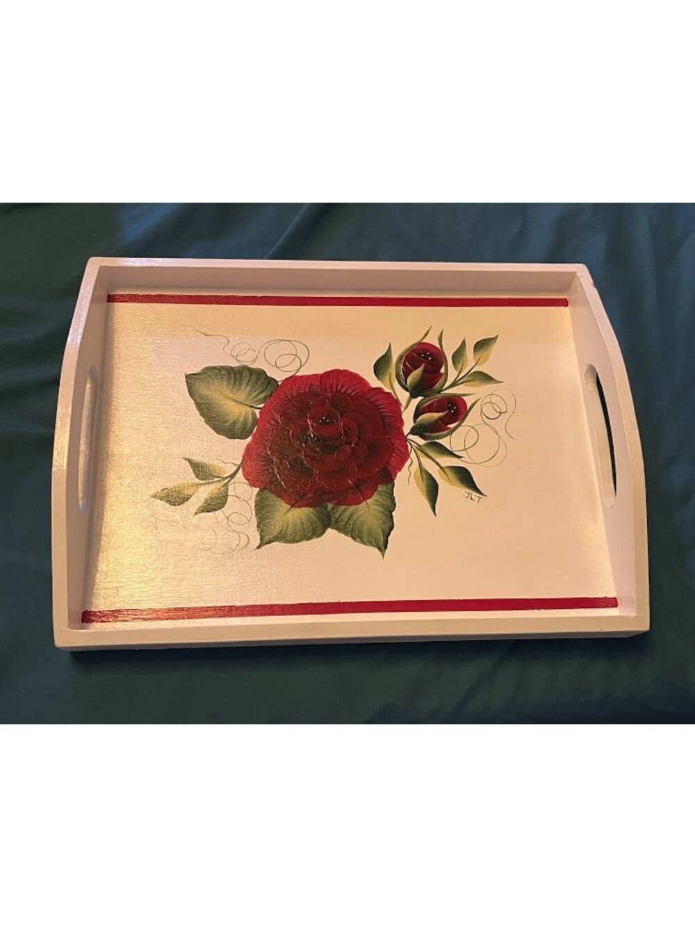 Hand Painted Wooden Serving Tray Red Rose Floral Cottage Farmhouse Decor Signed